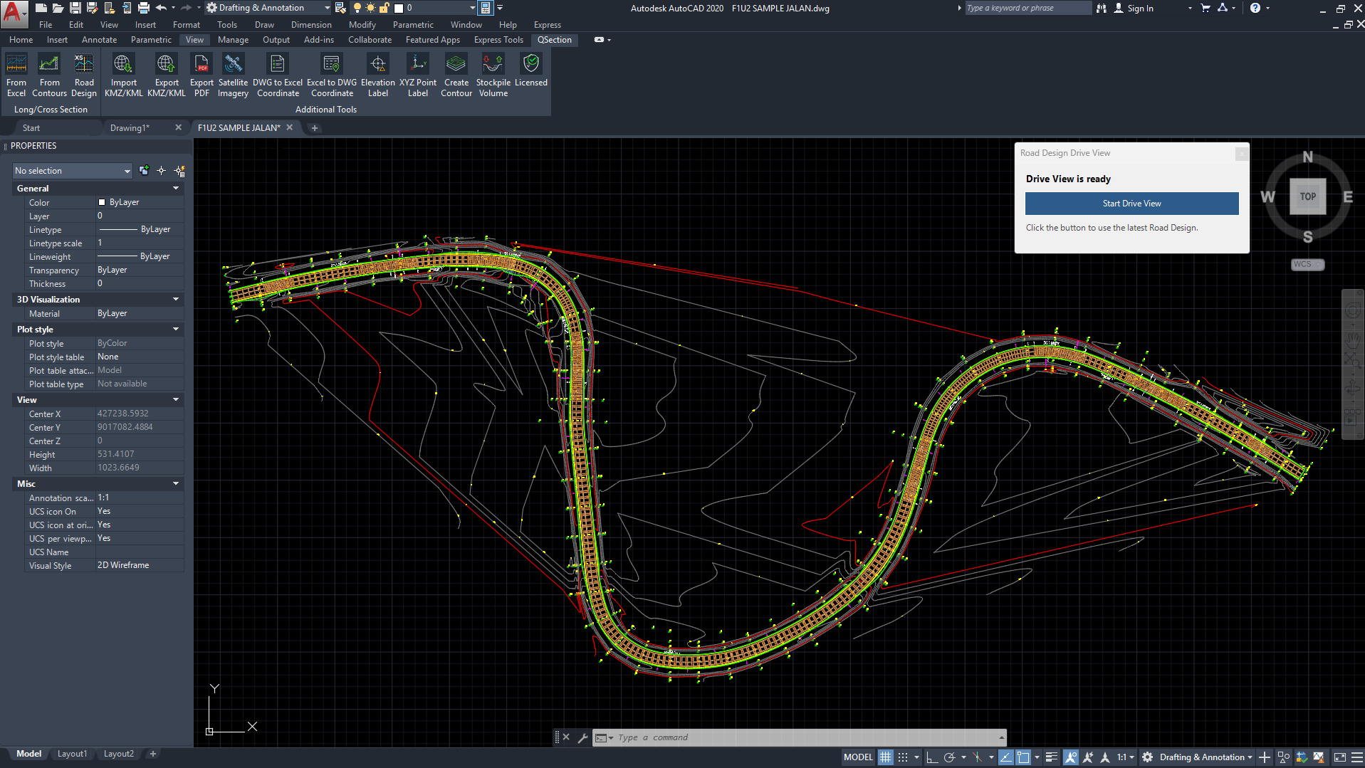 Tampilan desain jalan dan koridor QSection di AutoCAD