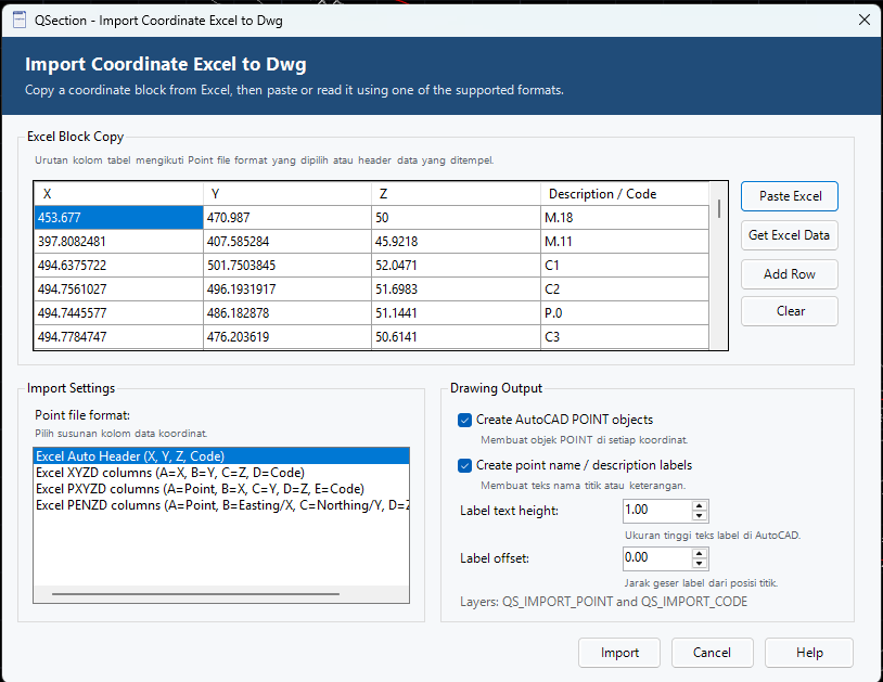 Form impor koordinat Excel ke DWG QSection