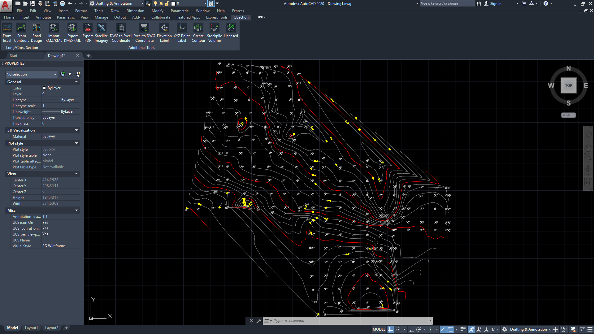 Hasil titik koordinat dan garis kontur di AutoCAD